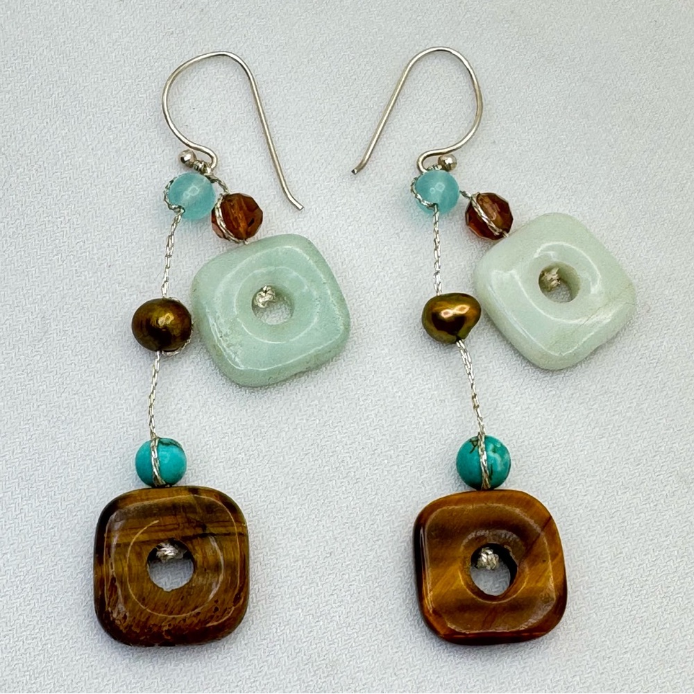 Tiger’s Eye Aquamarine Square Stone Dangle Earrings Sterling Silver Gemstone